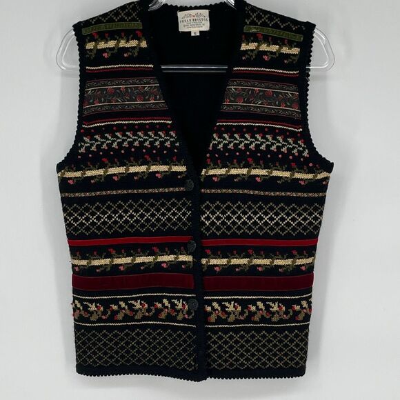 Susan Bristol Sweaters - Vintage 80s SUSAN BRISTOL Sweater Vest Women's Small Black Red Floral Wool 90s